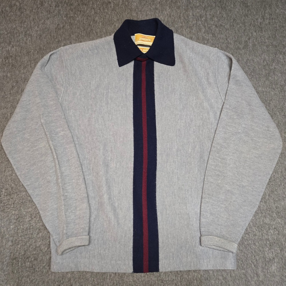True Vintage 60s Jantzen Polo Sweater Men XL Gray Wool Blend Vertical Stripe Mod